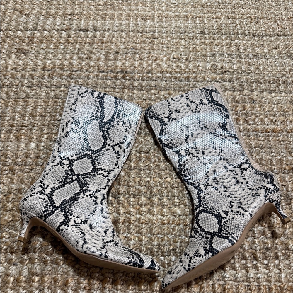 Journee Collection Beige Snake-Print Mid-Calf Ankle Boots